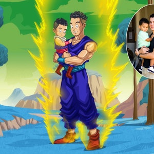 Ritratto personalizzato fatto a mano di Super Saiyan padre e figlio in stile manga anime - Regalo personalizzato - Regalo per marito - Disegno digitale
