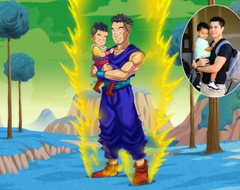 Father and Son custom handmade Super Saiyan portrait in manga anime style - Personalized gift - Gift for husband - Digital drawing