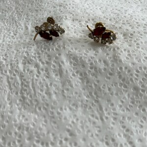 May include: A pair of gold tone earrings with red and clear rhinestones in a leaf design.