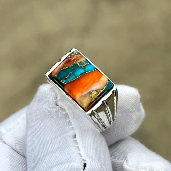 Anello da uomo con turchese ostrica: anello in argento sterling 925 con pietra preziosa, gioiello importante per lui