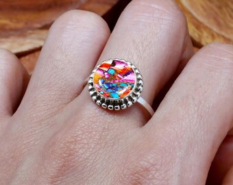 Kingman Pink Dahlia Turquoise Ring: 925 Sterling Silver Filigree Band