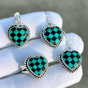 Heart Turquoise Jewelry Set: Sterling Silver Ring, Earrings & Pendant
