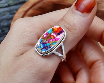 Kingman Pink Turquoise Ring: Sterling Silver Bohemian Rectangle Stone