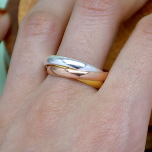 Bague à trois rouleaux, Bague en argent sterling 925, Alliance plaquée or et rose, Alliance tricolore entrelacée, Alliance, Multi-anneaux, Cadeau pour femme