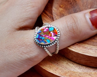 Kingman Pink Dahlia Turquoise Ring: Oval Bohemian Sterling Silver