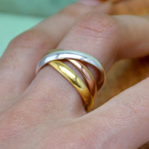Könnte beinhalten: Ein Ring mit drei Bändern in Silber, Gold und Roségold. Die Bänder sind ineinander verschlungen und bilden ein einzigartiges Design. Der Ring wird an einem Finger getragen und zeigt seine elegante Schlichtheit.