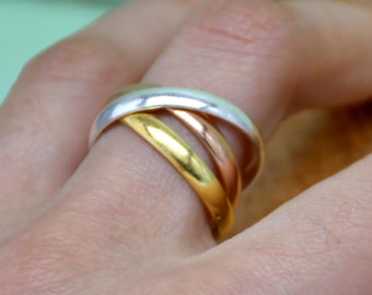 Tri-Color Rolling Ring: Solid Sterling Silver Band, Gold & Rose Plated Bands, Handmade Trinity Rings