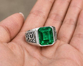 Emerald Turkish Design Ring: 925 Sterling Silver Ring, Men's