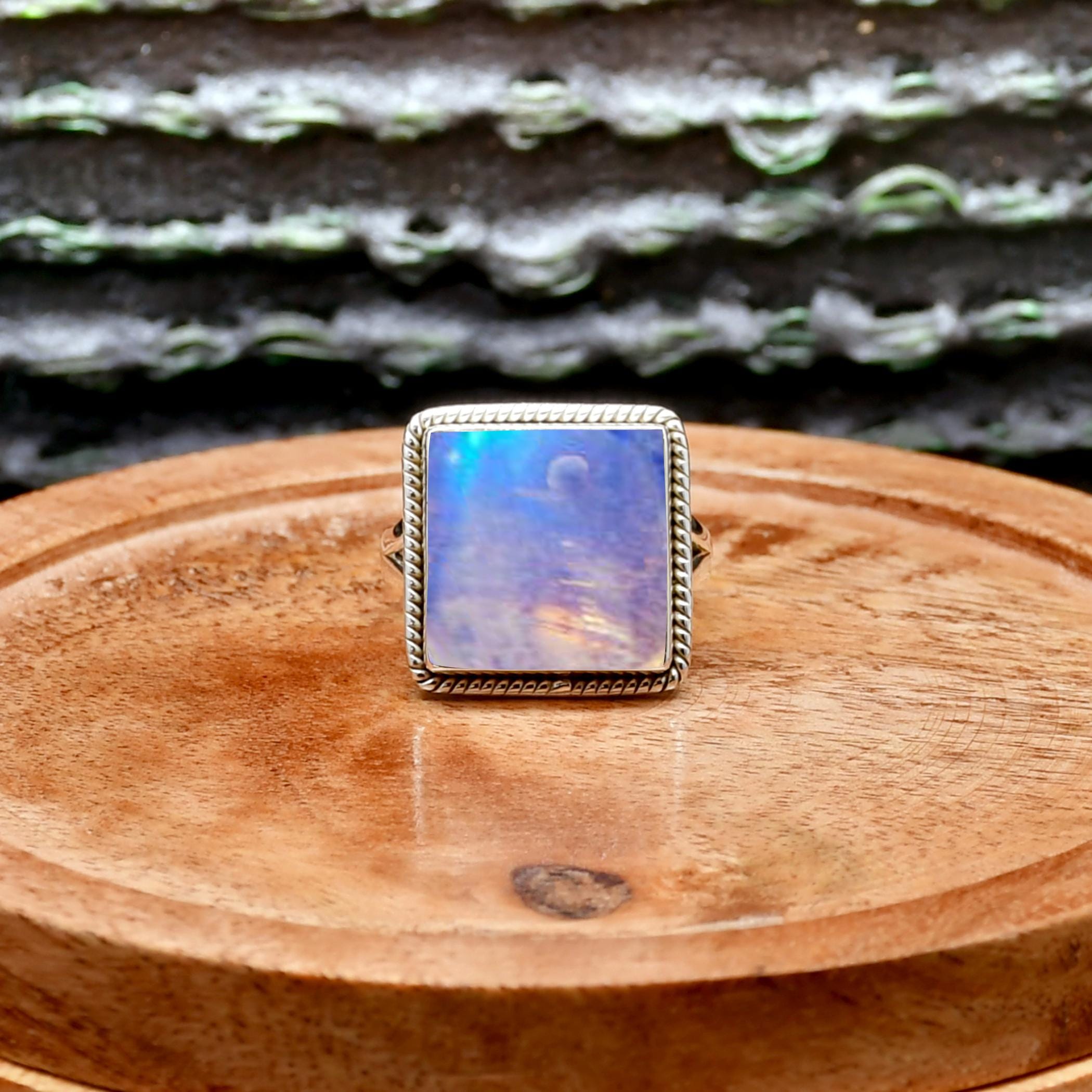 Square Moonstone Ring: 925 Sterling Silver Statement Band