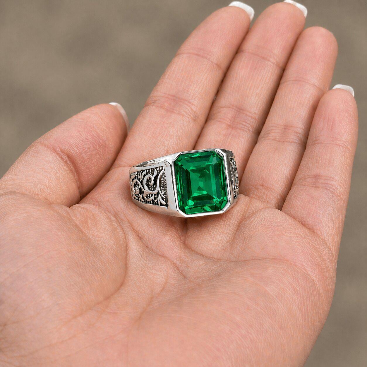 Emerald Turkish Design Ring: 925 Sterling Silver Ring, Men's