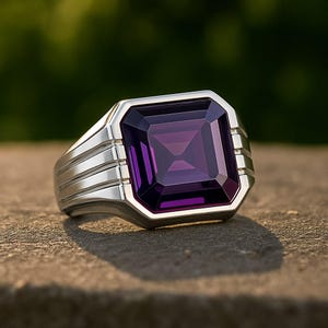 May include: A silver ring with a large, rectangular, deep purple gemstone. The ring has a thick band with horizontal grooves on the sides. The gemstone is set in a square bezel, creating a bold and elegant design.