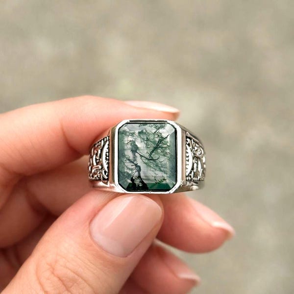 Natural Moss Agate Ring: Sterling Silver Men's Designer Ring, Boho Statement Jewelry, Wedding Band