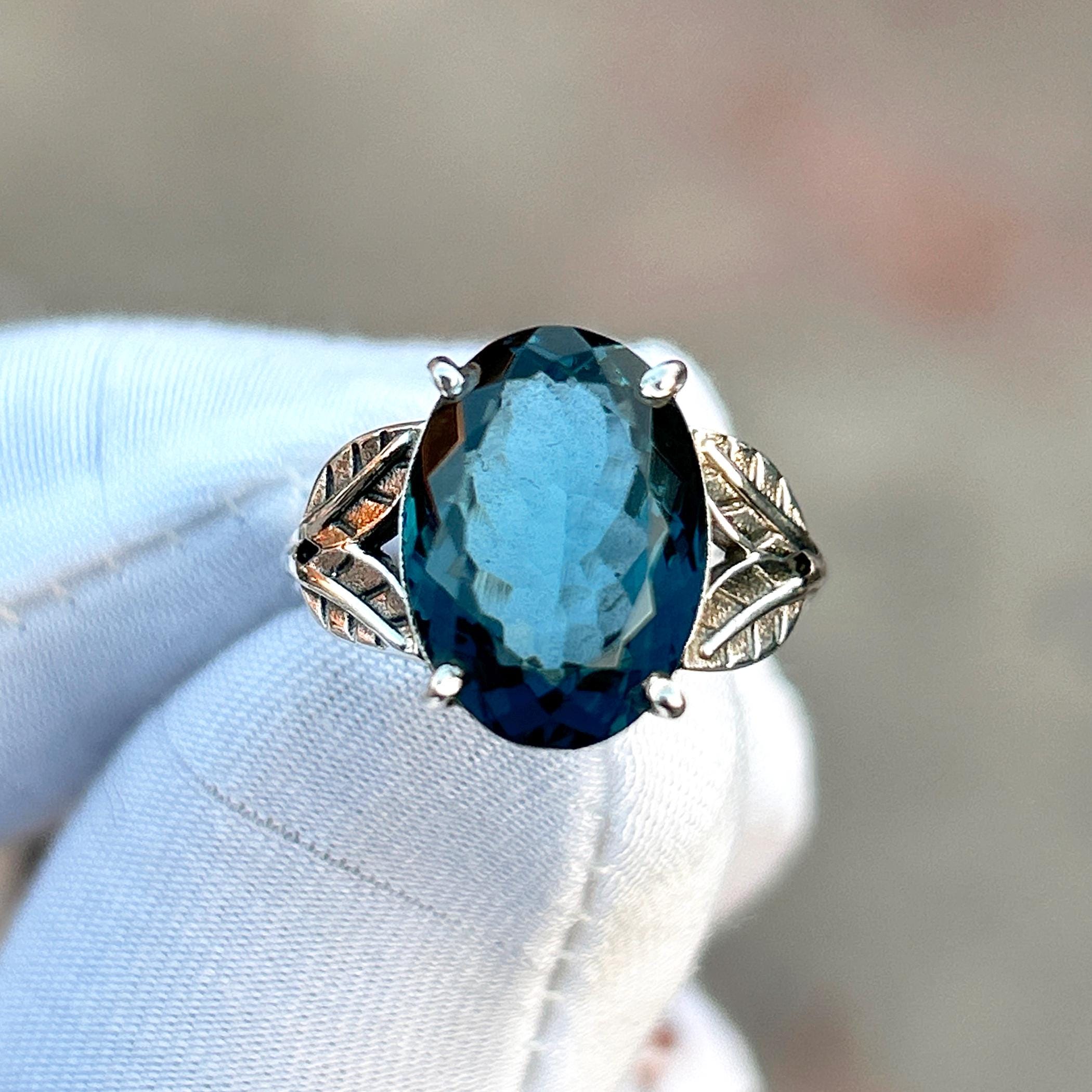 London Blue Topaz Ring: Leaves 925 Sterling Silver Band, Handmade Oval ...