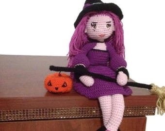 Patrón amigurumi de bruja Samantha: muñeca de ganchillo de Halloween con escoba (tutorial en PDF, descarga instantánea)