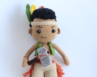 Patrón de amigurumi de niño nativo americano: muñeco de crochet con traje tradicional. Tutorial de amigurumi de niño.