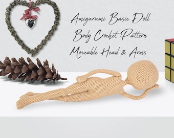Patrón de cuerpo de muñeca amigurumi: Tutorial de crochet en PDF con cabeza y brazos móviles