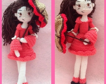 Patrón de amigurumi de niña con paraguas: muñeca de crochet con vestido rojo (tutorial en PDF)