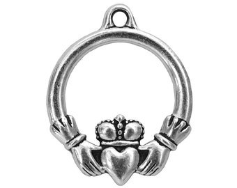 Set of 2 Large Claddagh Celtic Heart & Hands 1 inch (25 mm) Silver Plated Pewter Charms by TierraCast