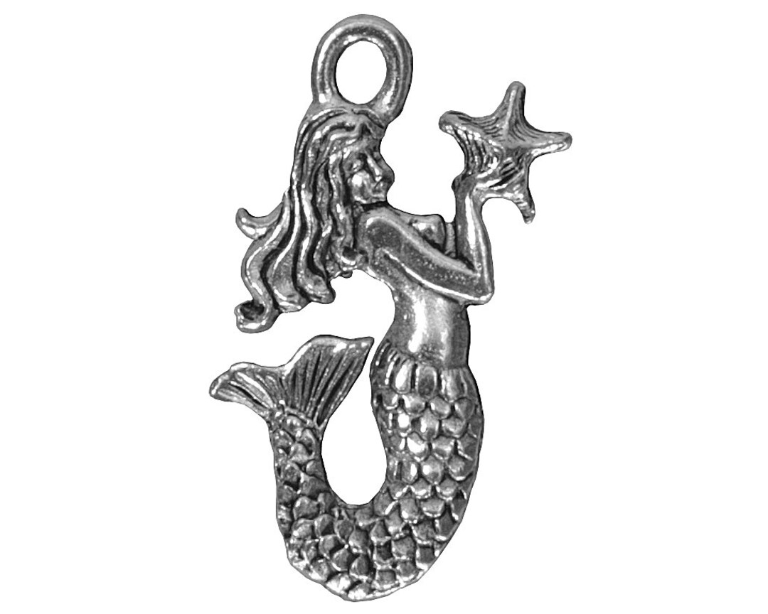 Set of 4 Mermaid With Star 1 Inch 24 Mm Pewter Charms Antique Silver