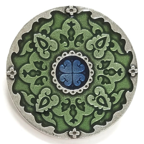 Small Medallion Green & Blue Metal Button 7/8 inch (22 mm) Antique Silver Color Shank Button by Danforth Pewter