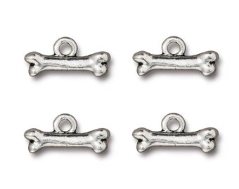 Set of 4 Dog Bone 9/16 inch (15 mm) Silver Plated Pewter Charms by TierraCast