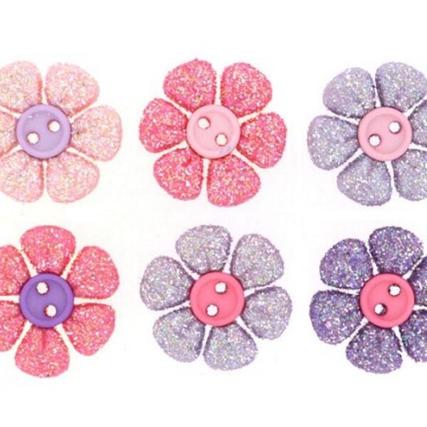 Princess Petals Glitter Flowers Package of 6 Sew Thru Buttons Jesse James Novelty Embellishments
