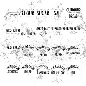 May include: A distressed, textured background with various bread-related text elements. The words "Flour, Sugar, Salt" are at the top. Other text includes "Sourdough Bread," "Fresh Bread," and "Goodies."
