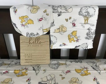 Custom order for Suzie    Boho/Winnie the Pooh. 4 piece baby crib set including fitted sheet, top sheet, bib, burp cloth, Free Shipping.