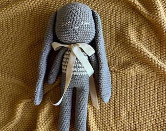 Handmade Crochet Bunny: Gray Amigurumi Doll with Striped Sweater