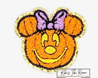 ミニーパンプキン シェニール刺繍アイロンパッチ/縫い付けパッチ/スクラップブック/日記/DIYプロジェクト用