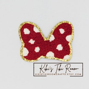 BOW RED Chenille Embroidered Iron On Patch/ Sew on Patch/For Scrapbooks /Journals/ DIY Projects