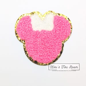 Parche bordado de chenilla con cabeza de Minnie Mouse en color rosa brillante para planchar o coser, para álbumes de recortes, diarios y proyectos de bricolaje.