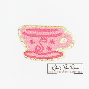 TEACUP PINK Chenille Embroidered Iron On Patch/ Sew on Patch/For Scrapbooks /Journals/ DIY Projects