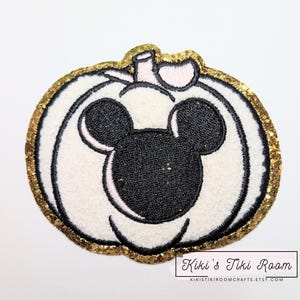 MOUSE PUMPKIN White Chenille Embroidered Iron On Patch/ Sew on Patch/For Scrapbooks /Journals/ DIY Projects