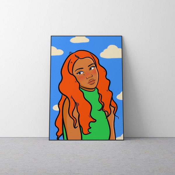 Illustration portrait femme rousse nuages