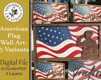 May include: Five variations of American flag wall art designs. Each design features a wooden frame with a red, white, and blue American flag. The designs include "Land of the Free", "In God We Trust", "Patriot", "Freedom", and a silhouette of a person saluting.