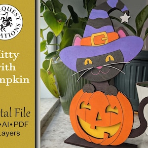 Kitty with Pumpkin Halloween Laser Cut Digital File Glowforge