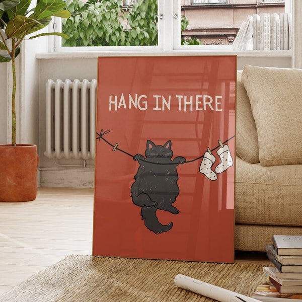 Hang In There Printable Cat Wall Art Cat Lover Poster Cute Quote Print Motivational Apartment Decor Red Digital Download 1 Print