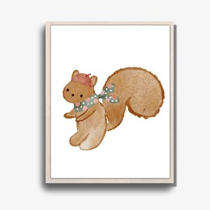 Winter squirrel wall art, printable wall art, cute animal wall art, nursery wall art, Christmas wall prints