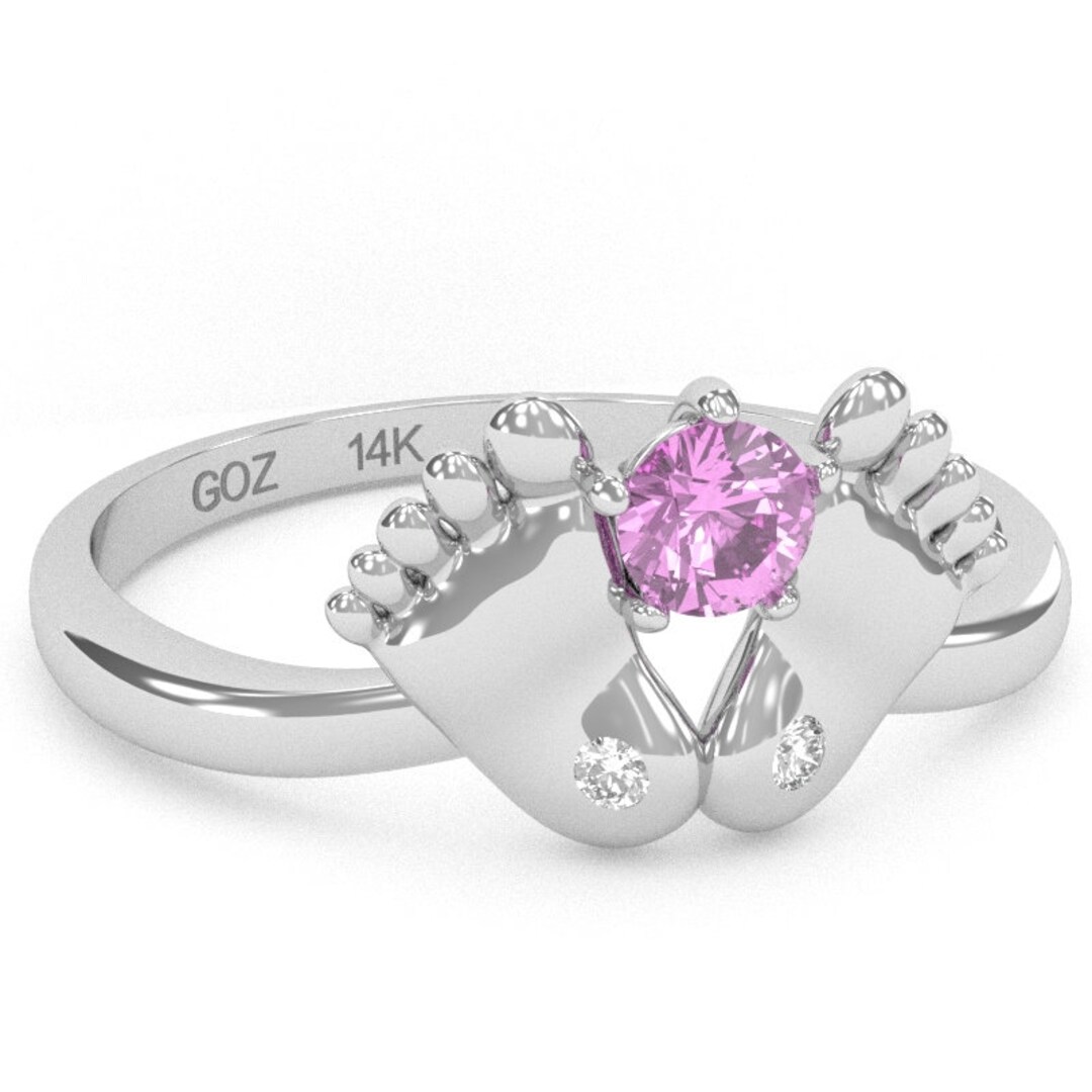 Baby Feet Ring in 14k Gold Baby Feet Lab Pink Sapphire Diamond 14k Ring ...