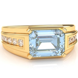 Anel masculino em ouro maciço 14k / 10k Anel de canal de diamante masculino em prata esterlina 14k / 10k / 925 Anel com pedras preciosas Aquamarine Presente do dia dos pais para ele