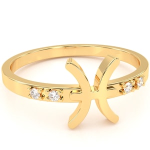 Anillo de diamantes con el signo del zodíaco Piscis en oro rosa, amarillo y blanco de 14 k/10 k. Anillo con el signo del zodíaco de febrero y marzo. Regalo para ella. Anillo con el signo astrológico.