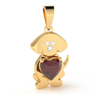 Colgante de corazón con diamantes y diseño de cachorros en oro macizo de 14 k/10 k/plata de ley 925 con múltiples piedras preciosas Colgante de corazón con diamantes y diseño de cachorros para amantes de los perros