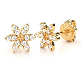 14k Diamond Flower Stud Earrings in 14k/10k Solid Gold/925 Sterling Silver Love Gift For Her, Dainty Mothers Day Gift