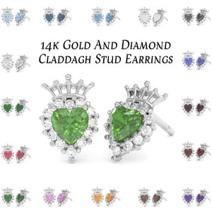 Claddagh Stud Earrings In 14k/10k Solid Gold/925 Sterling Silver Claddagh Diamond Heart Shape Earrings Multi-Gemstone/Gift For Her