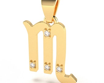 Pingente de diamante do signo do zodíaco 14k em ouro maciço 14k / 10k Pingente constelação de escorpião outubro e novembro presente do signo do zodíaco para ela