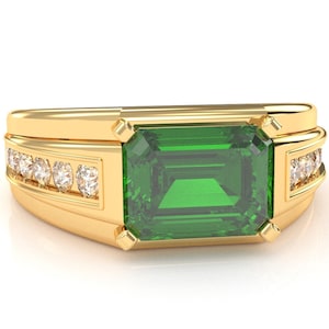 Mens Ring In 14k/10k Solid Gold Men&#39;s Diamond Channel Ring in 14k/10k/925 Sterling Silver Gemstone Emerald Fathers Day Gift For Him
