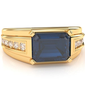 Mens Ring In 14k/10k Solid Gold Men&#39;s Diamond Channel Ring in 14k/10k/925 Sterling Silver Gemstone Ring Lab Sapphire Gift For Him