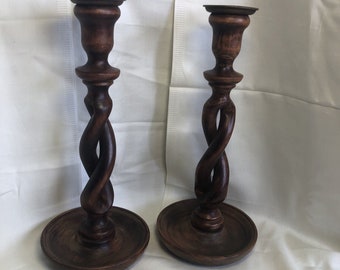 Vintage/Antique Wooden Oak Barley Twist Candlesticks With Brass Candle Holders