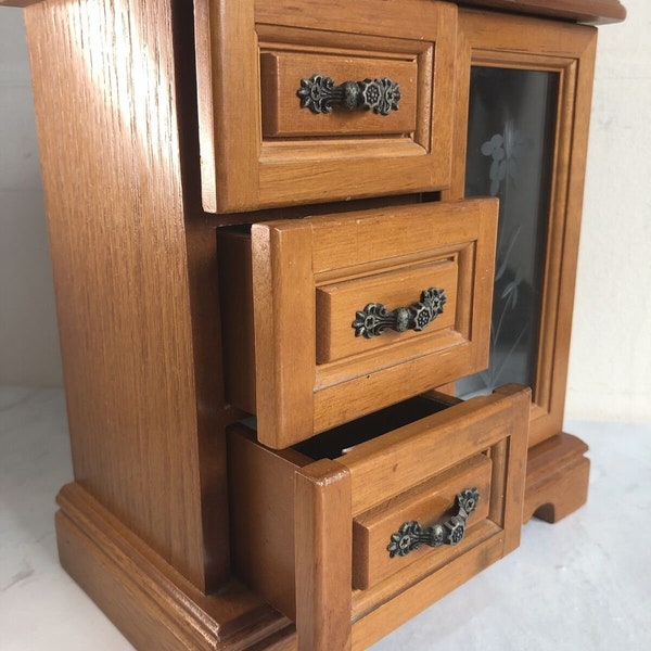 Vintage Wooden Jewellery Box Wardrobe 3 Drawers And  Etched Glass Door Jewel Box